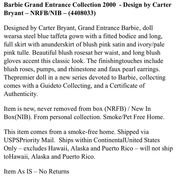 Mattel Barbie Collectibles Doll “Grand Entrance”Carter Bryant 1st in Series NIB - Picture 7 of 7